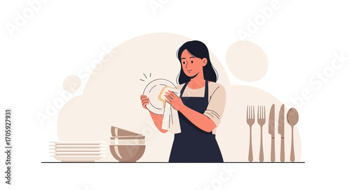 Housewife Cleaning Dishware After Meal In Clean And Minimalist Illustration Style