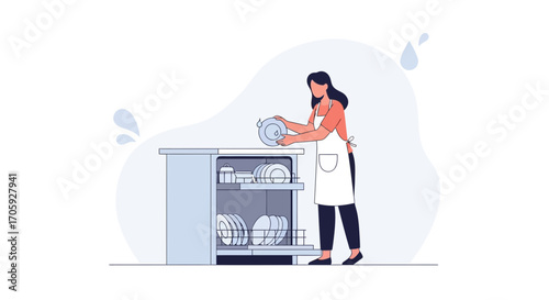 Housewife Loading The Dishwasher With Clean Plates After Daily Dinner Routine