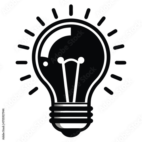 Detailed black lightbulb icon shows electrical energy and simple innovation ideas