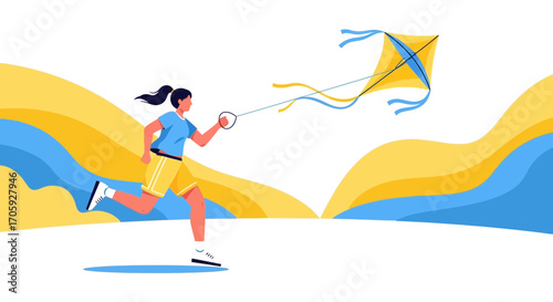 Joyful Pursuit: A Young Woman Flying A Kite With Whimsical Landscape Background