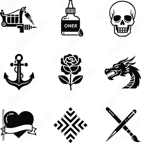 Vector icons related to the art of tattooing. Includes machine, ink, skull, dragon, rose, anchor, heart, pattern, and crossed pens