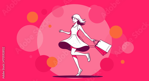 Joyful Shopper Dancing With Shopping Bags Against a Vivid Crimson Background