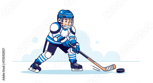 Ice Hockey Player on Isolated White Background, Ready to Shoot the Puck, Vector Illustration