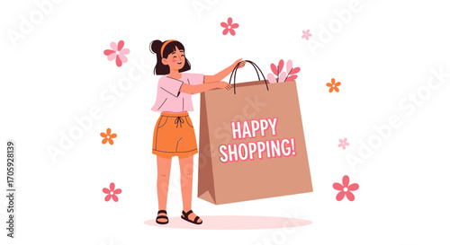 Joyful Shopper Holding Up a Shopping Bag Filled With Various Beautiful Items