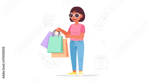 Joyful Shopper Smiling While Holding Colorful Shopping Bags and Enjoying Discounts