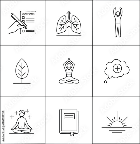 Vector icons representing well-being, mindfulness and healthy living