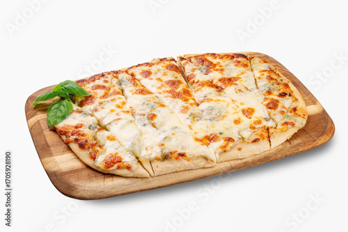 Italian four cheese pizza sliced and served on a wooden board with fresh basil, melted mozzarella and dorblu, classic cheesy pizza for menu or delivery, close up, isolated