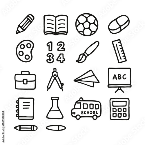 Hand-drawn doodle icon set of various school supplies and educational symbols for learning and creativity