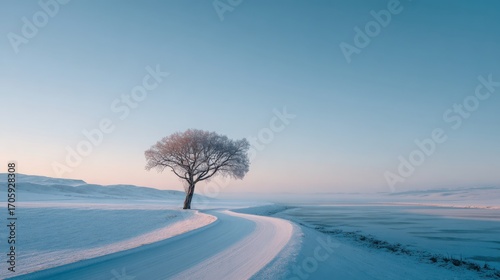 Solitary snow covered tree stands on a winding path in a serene winter landscape