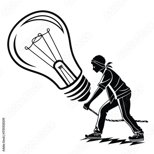 Strong Black man pulls massive lightbulb using a rope under black and white monochrome