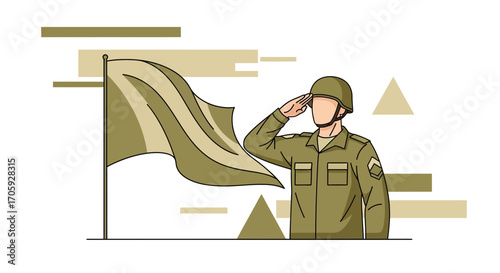 Illustrated Military Soldier Rendering a Respectful Salute to a Symbolic Flag