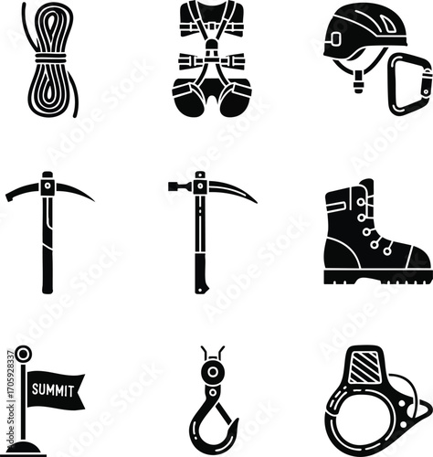 Vector illustration of climbing equipment, in a flat style. Perfect for adventure, outdoors, and activity-themed designs