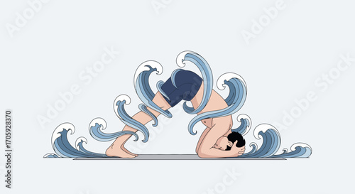 Illustrated Representation Of A Person Doing Yoga Pose Surrounded By Wavy Design