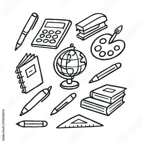 A hand-drawn collection of various school and office supplies, including a globe, books, pens, and a calculator, illustrating an educational theme