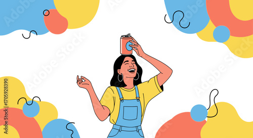 Joyful Woman Balancing Soda Can, Smiling Amidst Abstract Colorful Shapes