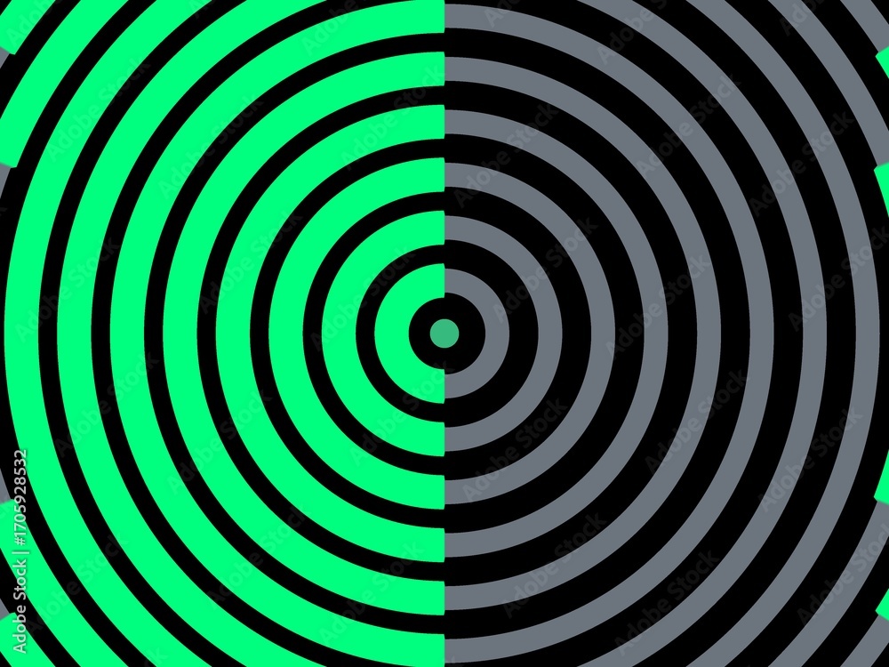 Fototapeta premium Concentric circles background, half green, half grayscale, bold contrast.