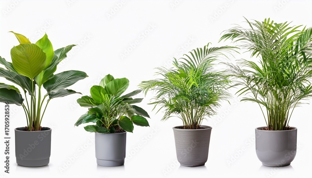 Fototapeta premium Four Potted Houseplants In Gray Pots Isolated On Transparent Background