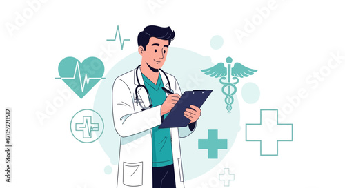 Illustration of a Doctor Filling Out a Medical Chart with Healthcare Symbols and Elements