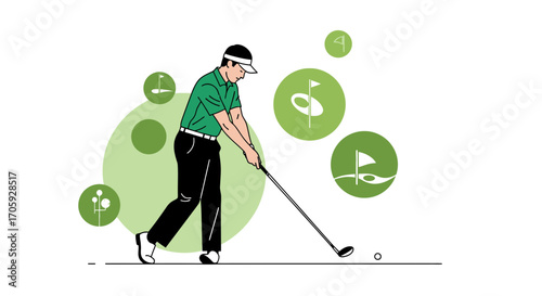 Illustration Of A Golfer Swinging, Preparing To Strike The Ball For A Successful Shot
