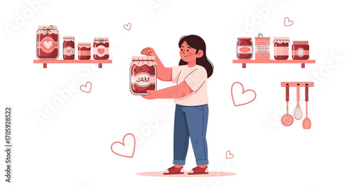 Joyful Woman Displaying Homemade Jam Jars, Cozy Kitchen Illustration Concept