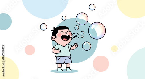 Illustration Of A Joyful Child Blowing Bubbles Creating Playful Airy Spheres With Happiness