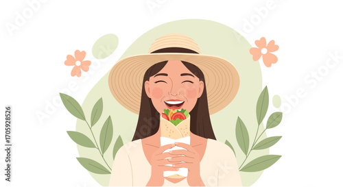 Joyful Woman Eating a Delicious Wrap in a Sunny Day Relaxation Time