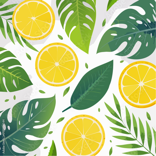Lemon Slices And Tropical Leaves On White Background