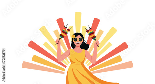 Joyful Woman Enjoying Skewered Delights Against a Vibrant, Sun-Like Background Illustration