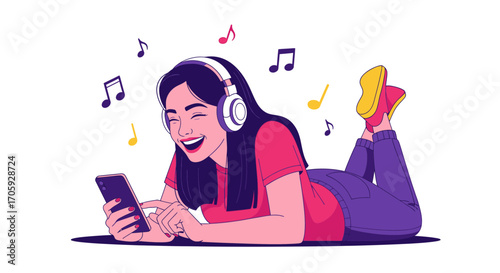 Joyful Woman Enjoys Music Streaming Through Headphones While Relaxing With Mobile Device