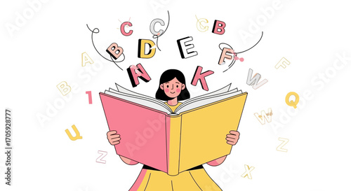 Illustration Of A Woman Reading A Book With Letters Floating Above Her Head