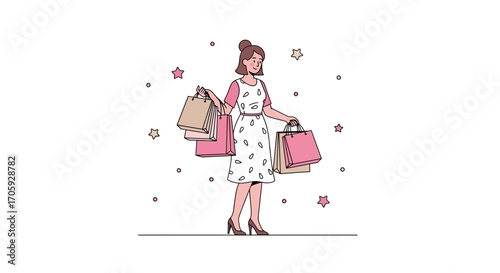 Joyful Woman Exudes Delight While Displaying Shopping Bags After A Purchasing Spree