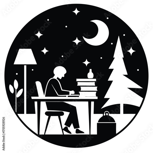 Silhouette illustration shows a person studying by a desk under the moonlit night sky