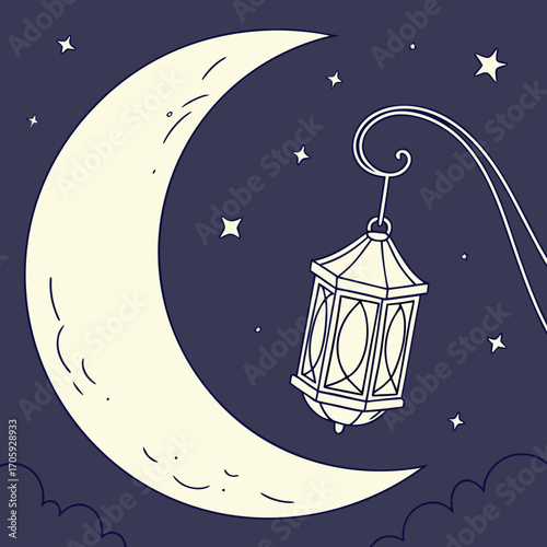 Crescent moon and hanging lantern illuminate a starry night sky with clouds