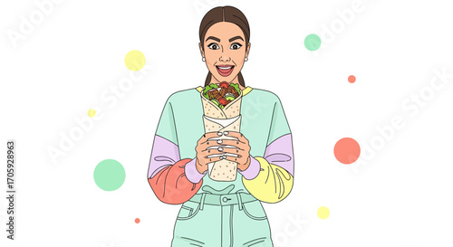Joyful Woman in Casual Outfit Reveals Delight in Holding a Wrap Food