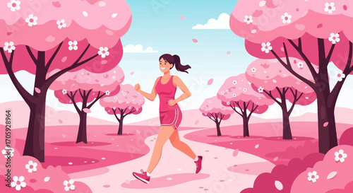 Joyful Woman Jogging Through A Blooming Pink Paradise In A Charming Illustration