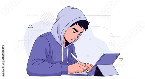 Illustration Of Young Man Focused On Creative Digital Work With Tablet And Stylus