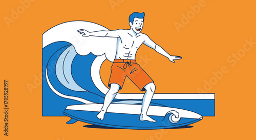 Illustrative Artwork Depicting Surfer Enjoying the Surf in the Ocean Waves on a Summer day