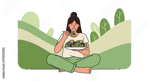Joyful Woman Relaxes Outdoors, Enjoying Fresh Salad, Embracing Healthy Living Habits