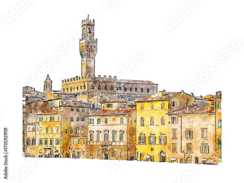 Artistic Watercolor Style Florence Cityscape Panorama Travel Destination Illustration