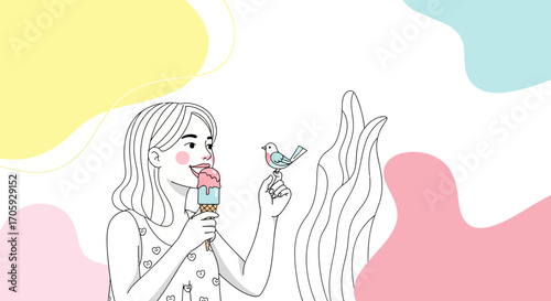 Joyful Woman Relishes Ice Cream While Interacting With a Delicate, Charming Bird