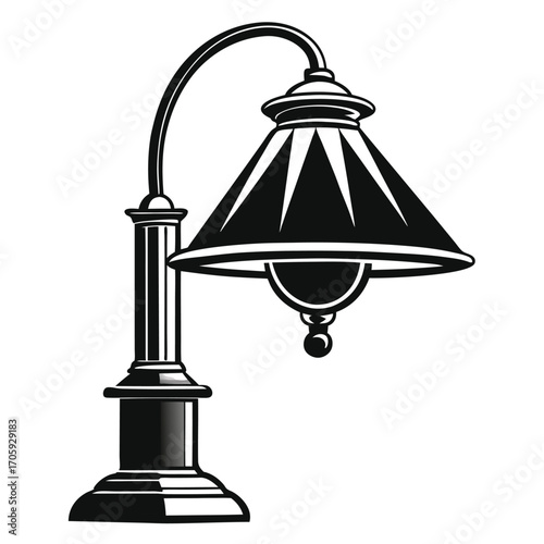 Elegant black lamp post displays a classic conical shade and decorative bulb detail