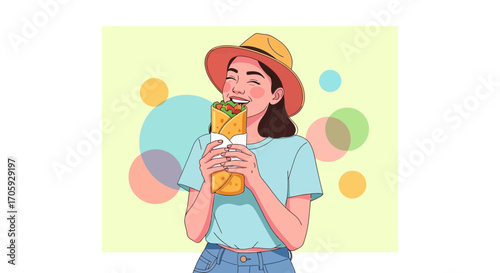 Joyful Woman Relishing a Flavorful Wrap with Animated Background Elements
