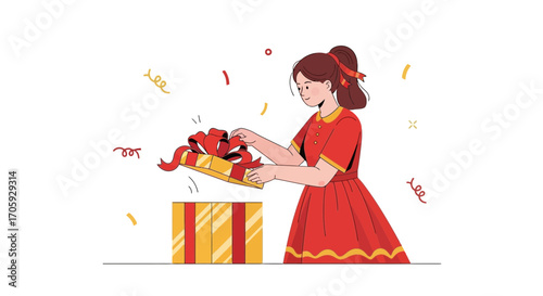 Joyful Woman Reveals a Gift in a Festive and Elegant Celebration Presentation