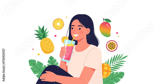 Joyful Woman Savoring Exotic Fruit Smoothie Enjoying Refreshing Tropical Drinks