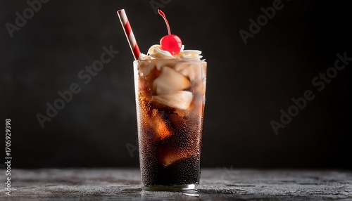 a tall glass of dirty soda featuring creamy swirls blending into a dark cola base topped with crushed ice a maraschino cherry and a striped straw