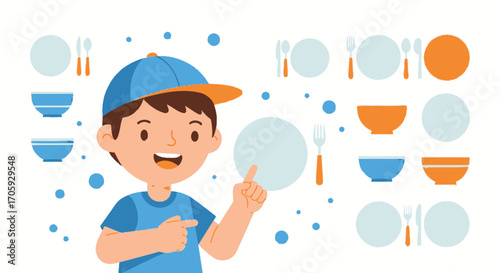 Illustrative Child with Dishes, Cutlery and Bowls Pointing to Tableware for Nutrition Education