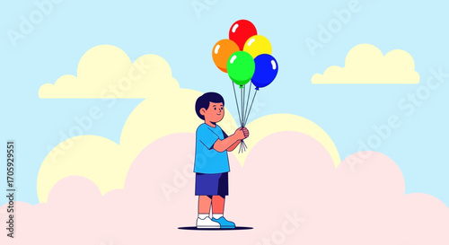 Joyful Young Boy Holding A Beautiful Bunch Of Colorful Balloons Under A Peaceful Sky
