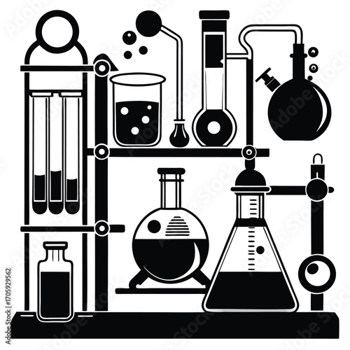 Detailed chemistry lab setup showcasing an assortment of scientific glassware in a structured arrangement