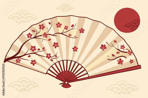 Elegant traditional folding fan with cherry blossom branch vector art