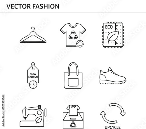 Vector line icons for sustainable fashion: recycling, slow fashion, upcycling, eco-friendly production. Promote conscious consumerism